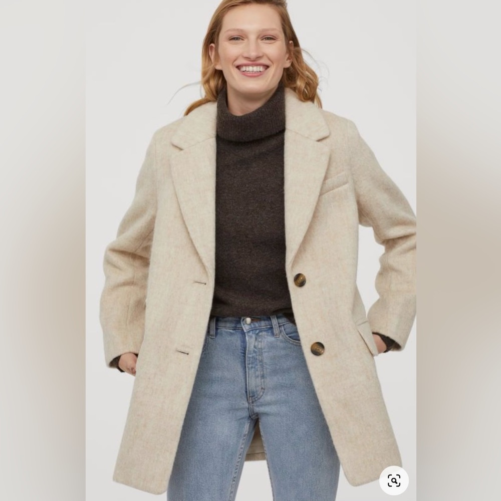 H&M Conscious Wool Blend Two Button Top Coat Lined Neutral Cream Medium